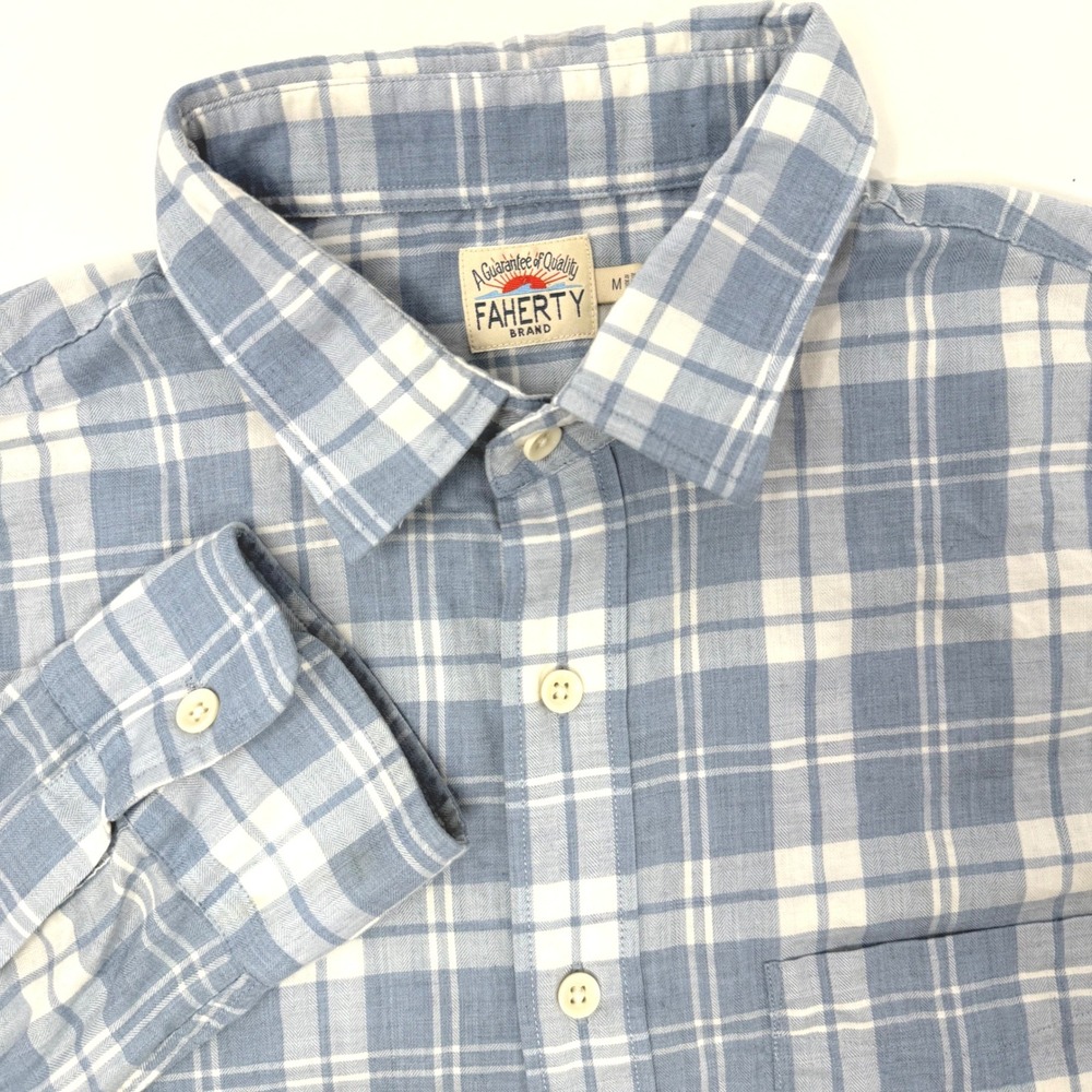 Faherty Brand Mens Medium Blue White Plaid Stretch Cotton Button Down Shirt